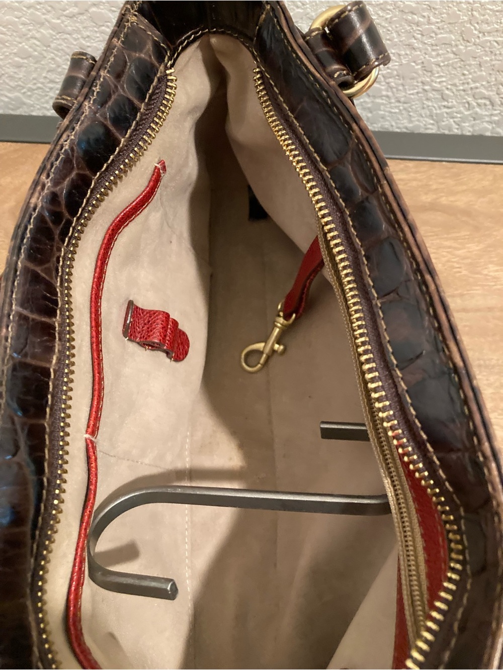 Brahmin Red Shoulder Bag w/Brown Leather Croc-Embossed Trim - Picture 6 of 13